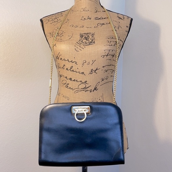 Salvatore Ferragamo Authentic Gancini chain Black Leather Clutch/Crossbody Bag - Picture 4 of 17